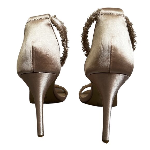 Mix No. 6 Rayane Satin Beige Open Toe Fringe Stilettos Heels Sz 9 Womens Anke St - Picture 5 of 9